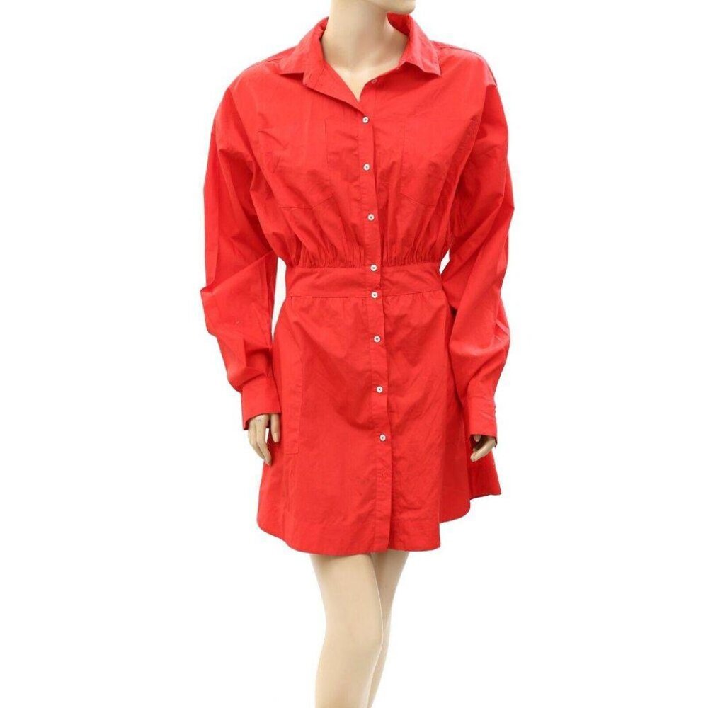 Merlette Buttondown Solid Mini Shirt Dress Red Cotton Long Sleeve XS NWD